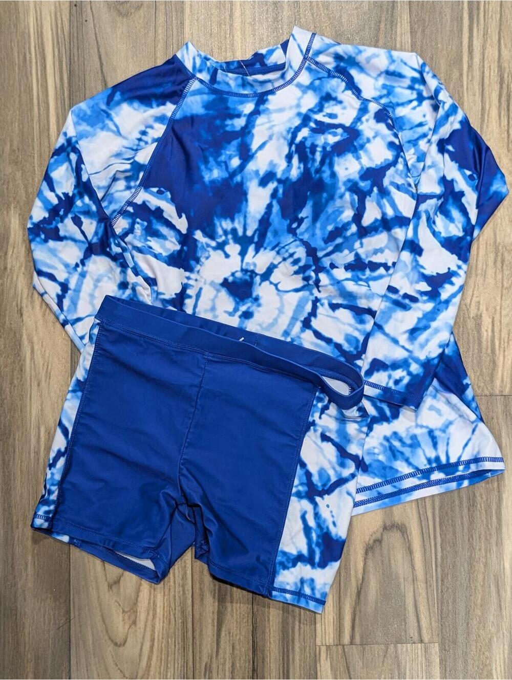 Blue and White Tie-Dye Top and Swim Shorts Set